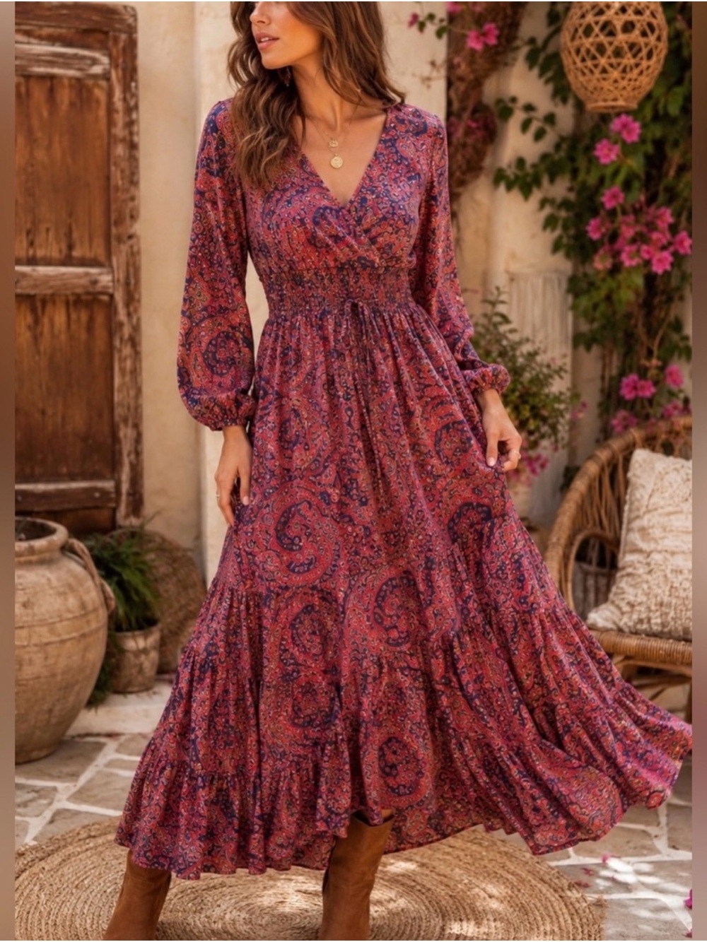 Anthropologie Boemo Paisley Maxi Dress in Wine and Plum